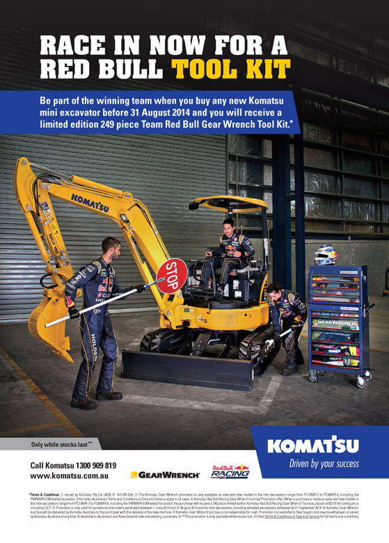 commercial photographer brisbane komatsu mini excavator red bull competition poster photography brief